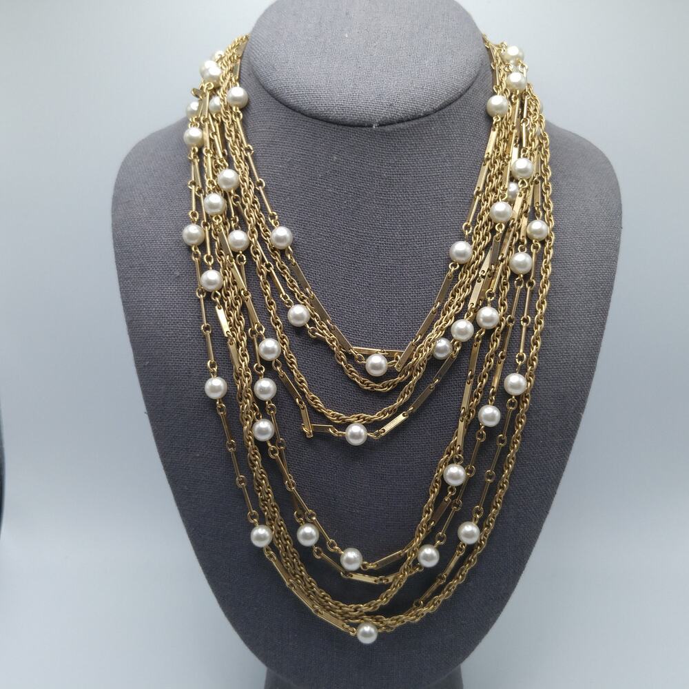 Vintage 10 Strand Faux Pearl Gold Tone Chain Necklace Mid Century